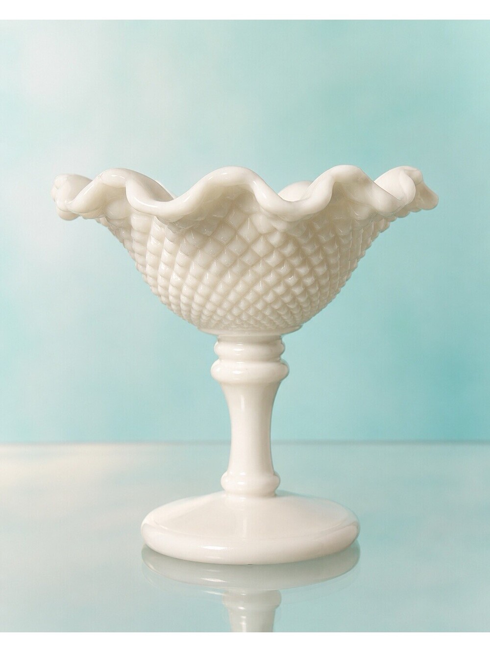 Westmoreland 1950s Footed Compote Old Quilt Milk Glass White, 5.25x5.5"